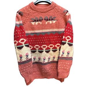 Handicraft Peruvian Wool Youth Sweater Orange Handknit Sheep Design Vintage Sz L
